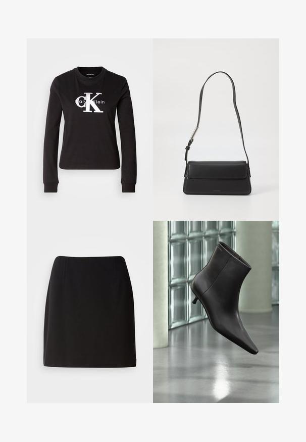 Camiseta de manga larga negra de algodón. Presenta un logo blanco de "Calvin Klein" y un pequeño diseño de "CK" en el frente. Estilo clásico de cuello redondo.; Falda negra con una silueta ajustada, hecha de una tela suave. Presenta sutiles pliegues frontales y un diseño de longitud a mitad del muslo.; Bota de cuero negro para el tobillo con puntera puntiaguda y tacón pequeño, exhibida frente a una pared de bloques de vidrio y un suelo pulido.; Bolso de mano de cuero negro con forma rectangular y solapa plegable. Presenta una correa delgada y una marca mínima en la parte delantera.