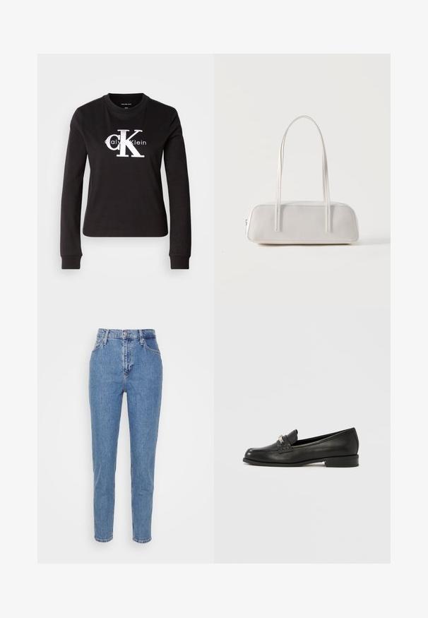 Sort langærmet T-shirt lavet af bomuld. Har et hvidt "Calvin Klein" logo og et lille "CK" design på forsiden. Klassisk crew neck-stil.; Blå højtaljede lige jeans med frontknap og lynlås, bæltestropper og lommer, præsenteret på en ensfarvet hvid baggrund.; Sort læderloafer med en rundet tå, diskret syning og en metalaccent foran. Flad hæl med en glat, skinnende finish.; Hvid rektangulær skuldertaske med lange tynde stropper, minimal syning og lynlåslukning på en ensfarvet baggrund.