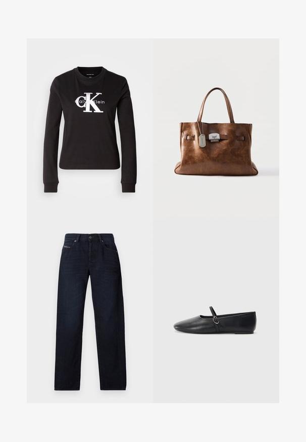 Zwarte longsleeve t-shirt gemaakt van katoen. Beschikt over een witte "Calvin Klein" logo en klein "CK" ontwerp op de voorkant. Klassieke crew neck stijl.; Donkerblauwe rechte jeans met voorzakken, riemlussen en knoopsluiting, plat gelegd op een witte achtergrond.; Zwarte leren balletschoenen met een spitse neus, platte zool en een kleine strap met een zilveren gespsluiting.; Bruine leren tote tas met twee handvatten, een beveiligingslabel bevestigd aan een merklabel, tegen een effen lichte achtergrond.