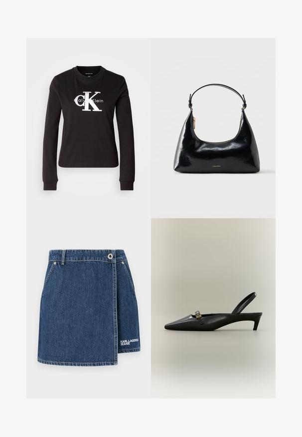 Čierne tričko s dlhým rukávom vyrobené z bavlny. Na prednej strane sa nachádza biele logo "Calvin Klein" a malé dizajn "CK". Klasický strih s okrúhlym výstrihom.; Džínová sukňa v tmavomodrej farbe s dizajnom na preklopenie, striebornými doplnkami a bielou výšivkou loga "KARL LAGERFELD JEANS" na leme.; Čierny kožený sandál na nízkom podpätku s otvorenou pätou, špicatou špičkou a malou zlatou prackou na jednoliatom pozadí.; Čierna lesklá kabelka Calvin Klein so zlatým zipsom a krátkym remienkom na bielom pozadí.