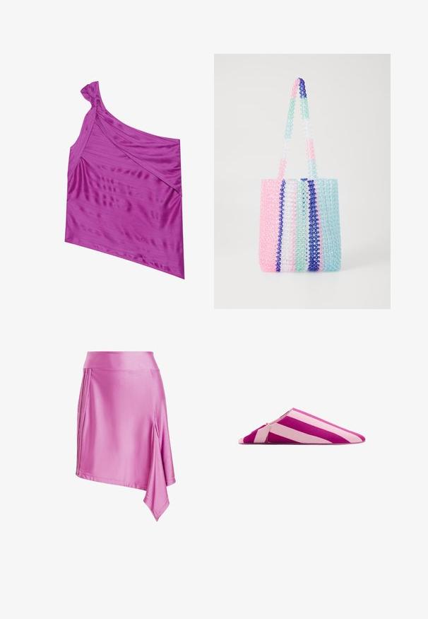 Haut asymétrique à une épaule en tissu violet lisse, doux et éclatant, avec un détail de nœud torsadé à l'épaule et une texture drapée flatteuse.; Jupe mini en satin rose avec un design drapé, présentant une taille haute, un ourlet asymétrique et un détail plissé sur un côté. Texture lisse.; Chausson mule plat avec des larges rayures diagonales alternées rose et violet, bout pointu et dos ouvert.; Sac fourre-tout coloré en perles transparentes. Présente des rayures roses, vertes, bleues et blanches. Deux poignées en perles solides.