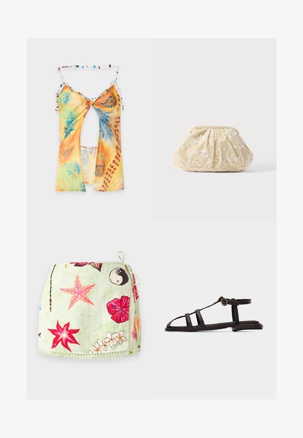 Haut à col halter à motif tie-dye avec découpe devant et bretelles perlées dans des tons bleus, jaunes, orange et rouges.; Jupe portefeuille vert clair avec lien sur le côté, ornée d’imprimés d’étoiles de mer roses, de fleurs d’hibiscus rouges, de plumerias blancs et du symbole yin-yang.; Sandale plate marron foncé avec des brides texturées, boucle à la cheville et design à bout ouvert sur un fond clair uni.; Pochette en tissu couleur crème avec superposition de dentelle florale et fermeture supérieure froncée sur fond clair uni.