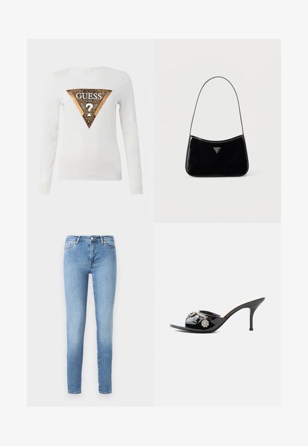 Camisa blanca de manga larga con un gran logo triangular metálico dorado y estampado de leopardo de Guess, y el texto "GUESS U.S.A." centrado en el pecho.; Vaqueros ajustados de color azul claro, hechos de mezclilla, que presentan un clásico diseño de cinco bolsillos, un ligero desvanecimiento y una cinturilla estándar con cremallera.; Mule de charol negro de tacón alto con punta abierta y adornos decorativos plateados, incluyendo una flor y un candado en la tira delantera.; Bolso de hombro de charol negro con correa delgada, logotipo triangular de Guess en el frente y cierre superior con cremallera.
