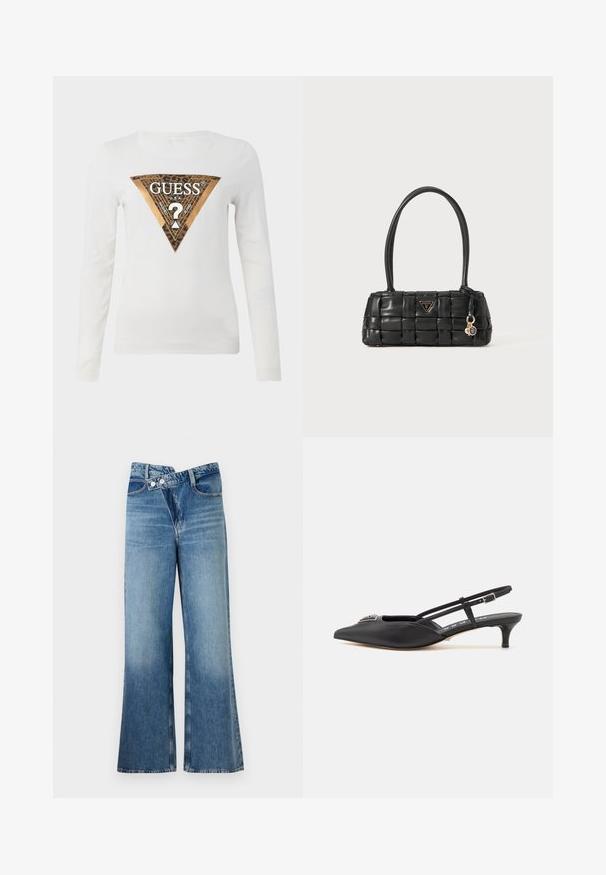 Hvid langærmet skjorte med et stort metallic guld og leopardprint trekantet Guess-logo og teksten "GUESS U.S.A." centreret på brystet.; Lysblå denim flared jeans med høj talje, der har to knapper og forlommer. Stoffet har en falmet struktur med subtile variationer.; Sorte slingback-sko med spids tå, lavet af glat materiale, med en lille hæl og en dekorativ sølvaccent på vamps.; Sort faux læder handbag med vævet design, flad rektangulær form, dobbelte runde håndtag og hardware i guldtonet finish.