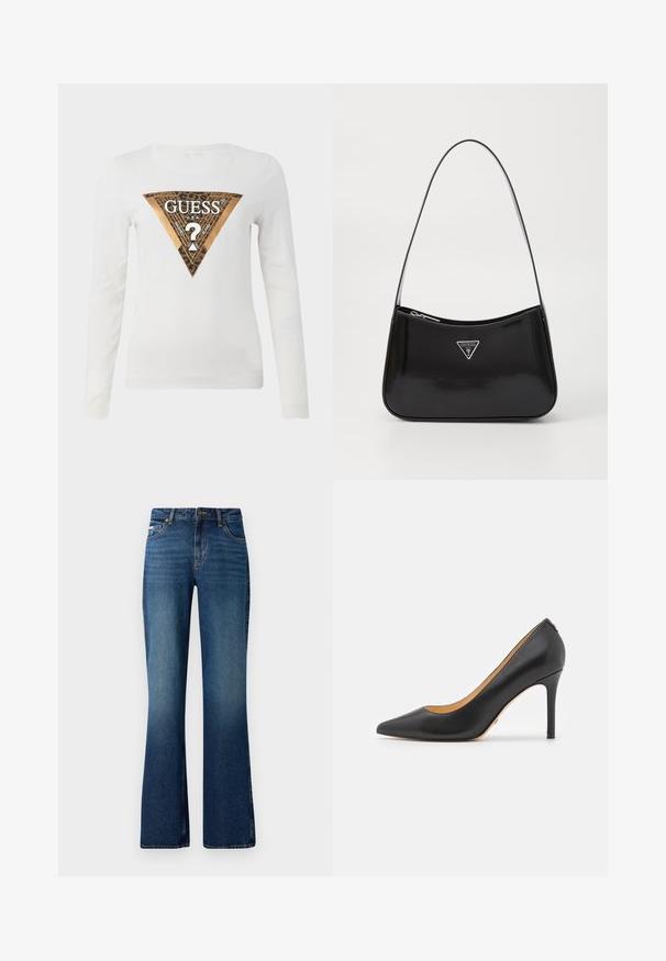 Hvid langærmet skjorte med et stort metallic guld og leopardprint trekantet Guess-logo og teksten "GUESS U.S.A." centreret på brystet.; Flare jeans i en medium blå vask, med et klassisk fem-lomme design, knaplukning og en let slidt tekstur.; Sort læder spidse stiletto hæle med høj hæl, der har en glat overflade og minimalistisk design. Indersiden er foret i tan farve.; Sort patenteret læder skuldertaske med en buet form, prydet med et sølvfarvet trekantet logo og en lynlås-lukning. Glat tekstur og slank rem.