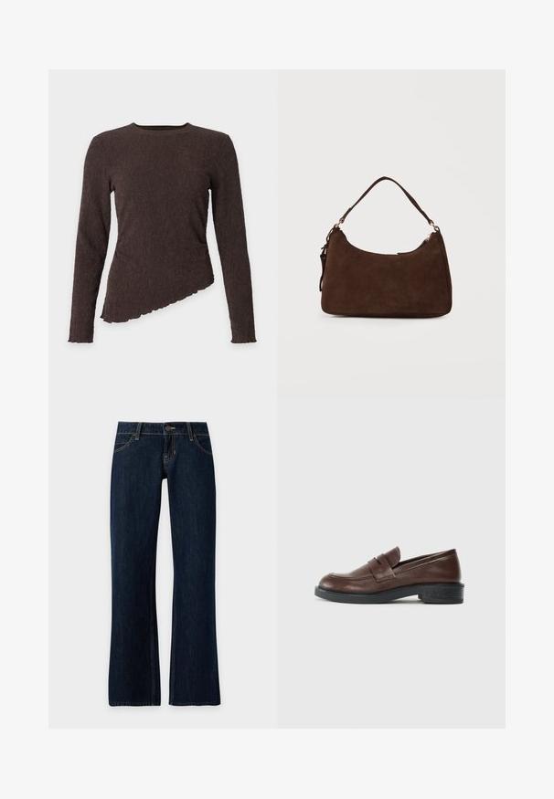Langærmet mørkebrun ribbet top med rund halsudskæring og asymmetrisk kant med bølgekant på ensfarvet baggrund.; Mørkeblå denim jeans med lige ben, forlommer, bæltestropper og knaplukning på en ensfarvet baggrund.; Brune læder loafers med rund tå, og en dekorativ rem over toppen, samt en lav, struktureret sort gummihæl.; Brun ruskind skuldertaske med en enkelt rem og lynlåslukning mod en ensfarvet lys baggrund.