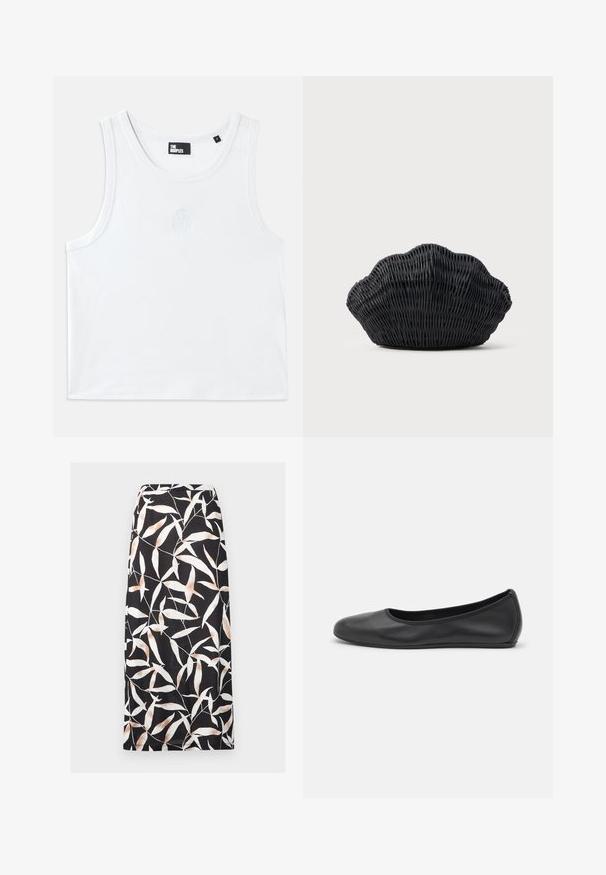 Débardeur blanc en coton, avec un col rond, des emmanchures et un petit logo en relief au centre devant. Texture lisse.; Jupe midi noire avec motif abstrait de feuilles blanches et beiges, coupe droite et taille ajustée.; Ballerines en cuir noir avec un bout rond, texture lisse, détails de couture minimalistes et design de semelle flexible.; Sac à main en osier noir en forme de coquille Saint-Jacques avec un dessus courbé et une texture tressée sur un fond uni.