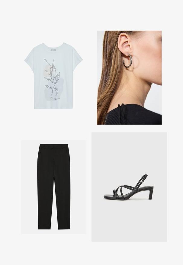 Witte T-shirt met korte mouwen, voorzien van een bladomrissingsontwerp in zwart en zachte beige abstracte vormen. Onder aan staat de tekst "Plant love".; Zwarte broek met een tailormade ontwerp, voorzien van zijzakken en een rechte pijp. Gemaakt van een soepele, lichte stof met een strakke afwerking.; Zwarte sandaal met bandjes, vierkante teen en een lage blokhak. Voorzien van meerdere dunne bandjes en een verstelbare enkelband. Gemaakt van zacht leer.; Zilveren oorbel met een gepolijste afwerking, met kleine gouden accentdetails en een ronde vorm, gedragen op de oorlel.