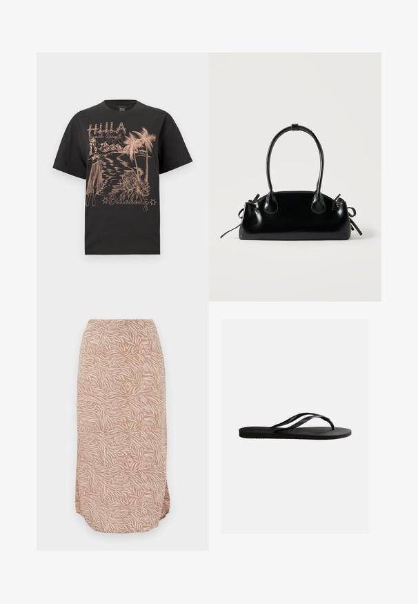 Sort T-shirt med et tropisk design, der viser en hula-danser, palmer, bjerge og teksten "Hula Beach Resort" og "Billabong".; Midi-længde beige nederdel med abstrakt blomster- og zebrastribet mønster, der har en buet kant og blødt, letvægtsstof.; Sort gummiflip-flop sandal med tekstureret fodseng og tynde Y-formede remme på en ensartet hvid baggrund.; Lille sort blank håndtaske med to lange håndtag og snøre-detaljer i siden på en ensfarvet lys baggrund.