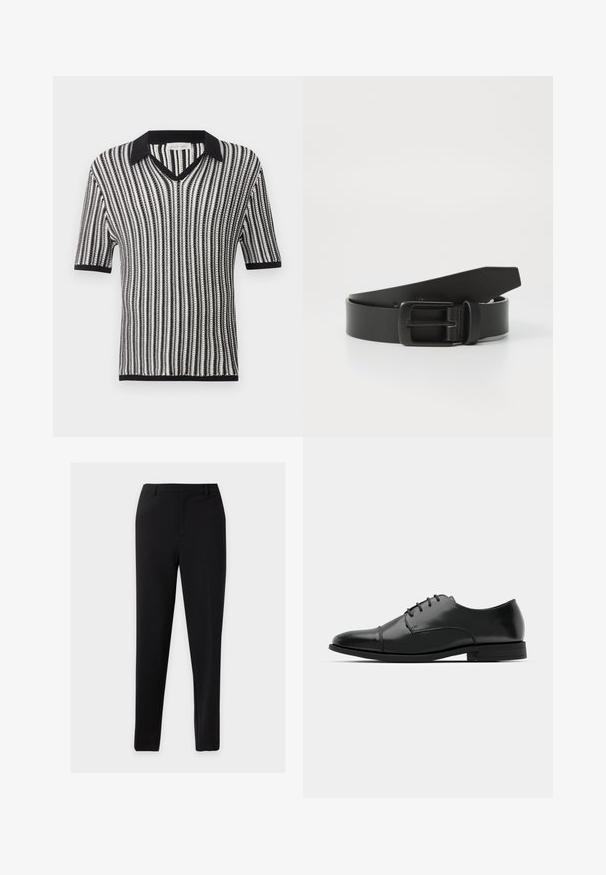 Chemise tricotée à manches courtes rayée verticalement noir et blanc avec col noir, encolure en V et bordure aux manches et à l'ourlet.; Pantalon formel noir coupe slim avec passants de ceinture et devant propre, présenté sur un fond clair uni.; Chaussure habillée noire en cuir avec un bout rond, un laçage, des détails de couture subtils et un petit talon. Texture lisse avec une finition polie.; Ceinture en cuir noir avec une boucle en métal noir mat, présentant une texture lisse et un design simple. Longueur réglable avec une extrémité effilée.