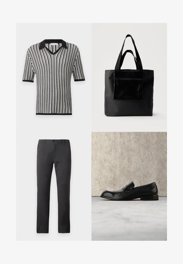 Chemise tricotée à manches courtes rayée verticalement noir et blanc avec col noir, encolure en V et bordure aux manches et à l'ourlet.; Pantalon noir en tissu lisse, avec une coupe droite, des poches avant et une fermeture par bouton. Style minimaliste et polyvalent.; Mocassin en cuir noir avec un accent métallique, présenté en lévitation au-dessus d'un tapis beige, avec une table ronde de couleur ambre en arrière-plan.; Sac cabas noir avec poche zippée à l'avant et double poignée, posé sur un fond clair uni.