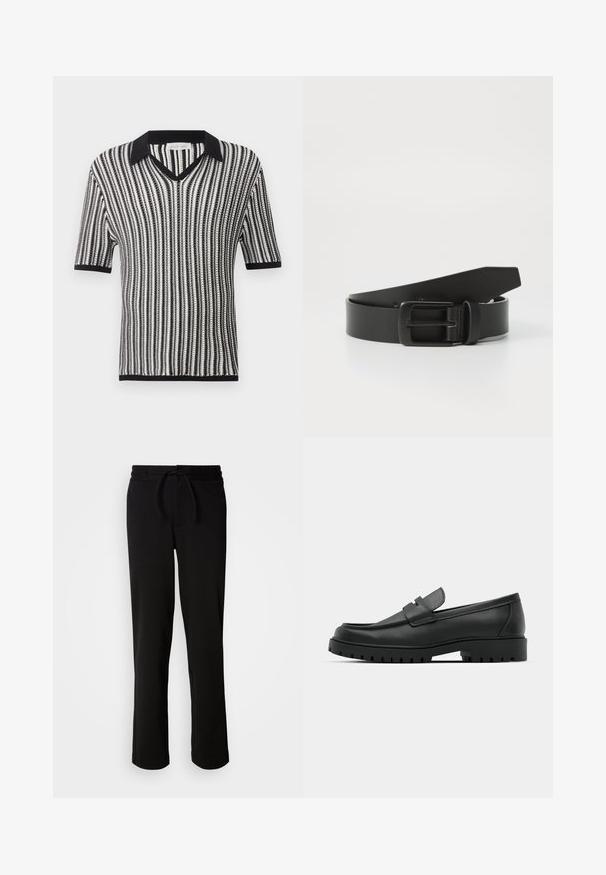 Sort-hvidt vertikalt stribet strik t-shirt med kort ærme, sort krave, V-udskæring og kant på ærmer og kant.; Sorte sweatpants med snor i taljen, lavet af blødt og strækbart stof. Har en afslappet pasform med lige ben og uden synlige lommer.; Sorte læder loafers med rund tå, der har et syet design, lav platformssål og en struktureret, skridsikker gummisål.; Sort læderbælte med spænde i mat sort metal, der har en glat tekstur og enkelt design. Justerbar længde med en tilspidset ende.