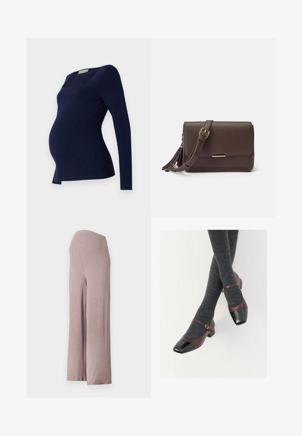 Anna Field MAMA by Zalando Langærmet T-shirt - dark blue; Lyserøde, ribbede bukser med bred benvidde og en sømløs talje, der har et blødt, struktureret stof og en afslappet silhuet.; Burgunderrøde læder Mary Jane-sko med en sort laktoej og tynd ankelrem; båret med mørkegrå ribbede strømper. Lav blokhæl.; Brun faux læder crossbody taske med klaplukning, hardware i guldtone og sidepompom detalje. Justerbar rem for alsidig brug.