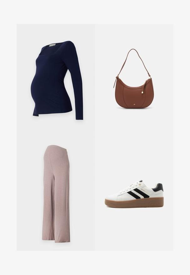 Anna Field MAMA by Zalando T-shirt à manches longues - dark blue; Pantalons larges côtelés rose clair avec une taille sans couture, en tissu doux et texturé, offrant une silhouette décontractée.; Baskets blanches basses avec des rayures noires, une semelle en caoutchouc marron, un laçage à l'avant et un col de talon rembourré noir.; Sac à épaule en faux cuir brun, de forme arrondie, avec des coutures minimales et un accent en matériel doré. Il possède une fermeture zippée sur le dessus et une sangle réglable.