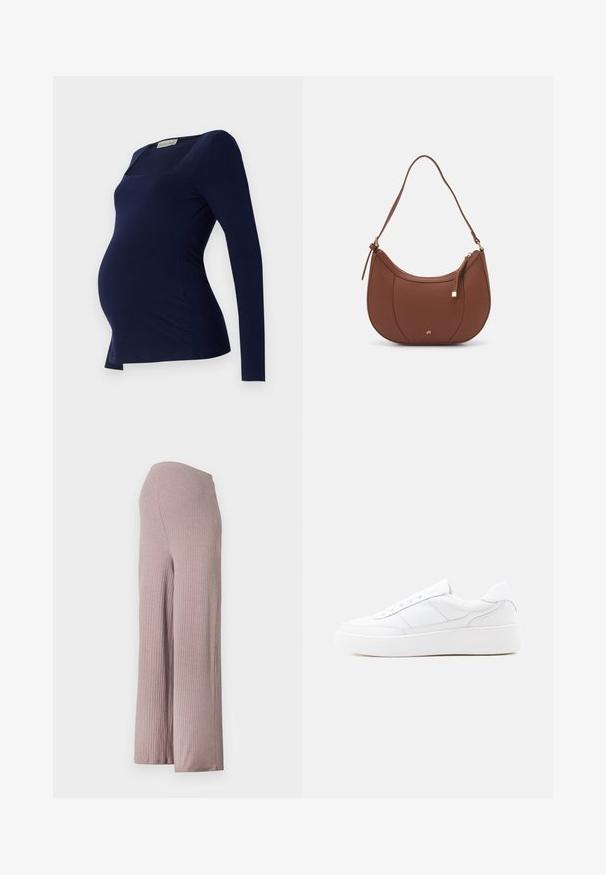 Anna Field MAMA Top s dlhým rukávom - dark blue; Svetloružové, rebrované nohavice s voľným strihom a bezšvovým pásom, s jemnou, texturovanou látkou a uvoľneným siluetom.; Biela nízka teniska s hrubou podrážkou, šnurovacím dizajnom a jemnými detailmi prešitia na jednoduchom svetlom pozadí.; Hnedá umelá kožená taška cez rameno s zakriveným tvarom, minimalistickým šitím a zlatými akcentami. Obsahuje zips na vrchu a nastaviteľný popruh.