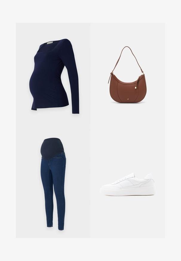 Anna Field MAMA by Zalando Langærmet T-shirt - dark blue; Graviditetsjeans i mørkeblå denim, med en strækbar mørk talje og en tætsiddende pasform med lommer.; Hvid lavtop-sneaker med tyk sål, snørelukning og diskrete syningsdetaljer på en ensfarvet lys baggrund.; Brun faux læder skuldertaske med buet form, minimal syning og en guldtonet hardwaredetalje. Har en top lynlåslukning og justerbar rem.