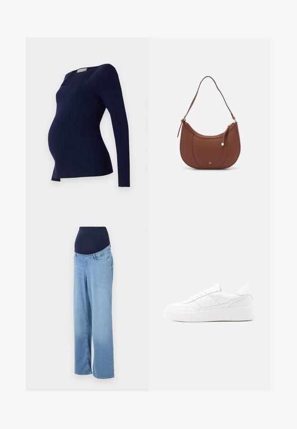 Anna Field MAMA by Zalando Top s dlhým rukávom - dark blue; Tehotenské džínsy v svetlom modrom denime. Majú námornícky elastický pás a široký strih. Štandardné predné vrecká a mierne vyblednutá tkanina.; Biela nízka teniska s hrubou podrážkou, šnurovacím dizajnom a jemnými detailmi prešitia na jednoduchom svetlom pozadí.; Hnedá umelá kožená taška cez rameno s zakriveným tvarom, minimalistickým šitím a zlatými akcentami. Obsahuje zips na vrchu a nastaviteľný popruh.