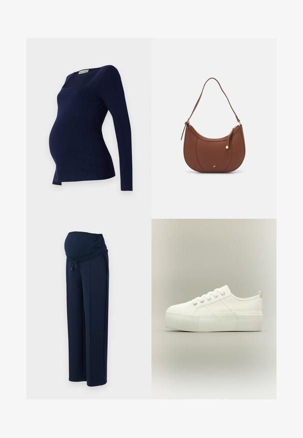 Anna Field MAMA by Zalando Langarmshirt - dark blue; Marineblaue Umstandshose aus weichem Stoff, mit elastischem Bund und verstellbarem Kordelzug, sowie zwei seitlichen Taschen für mehr Komfort.; Weißer Plateau-Sneaker mit dicker, texturierter Sohle, Schnürung vorne und dezenten Steppdetails auf neutralem Hintergrund.; Braune Kunstleder-Schultertasche mit geschwungener Form, minimaler Naht und goldfarbener Hardware-Akzent. Verfügt über einen oberen Reißverschluss und einen verstellbaren Trageriemen.