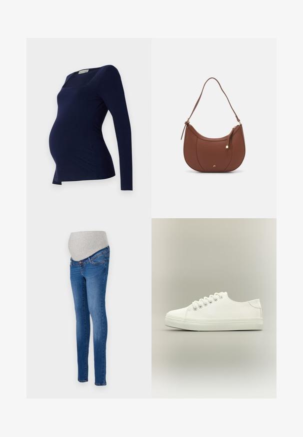 Anna Field MAMA by Zalando Camiseta de manga larga - dark blue; Jeans de maternidad en denim azul con un corte ajustado. Cuenta con un panel de estiramiento gris para mayor comodidad. Diseño clásico de cinco bolsillos con un ligero desvanecimiento.; Zapatilla blanca baja con cordones blancos y suela de goma mostrada desde vista lateral sobre un fondo neutro.; Bolso de hombro de imitación cuero marrón con forma curva, costura mínima y un acento de hardware en tono dorado. Presenta un cierre de cremallera en la parte superior y una correa ajustable.