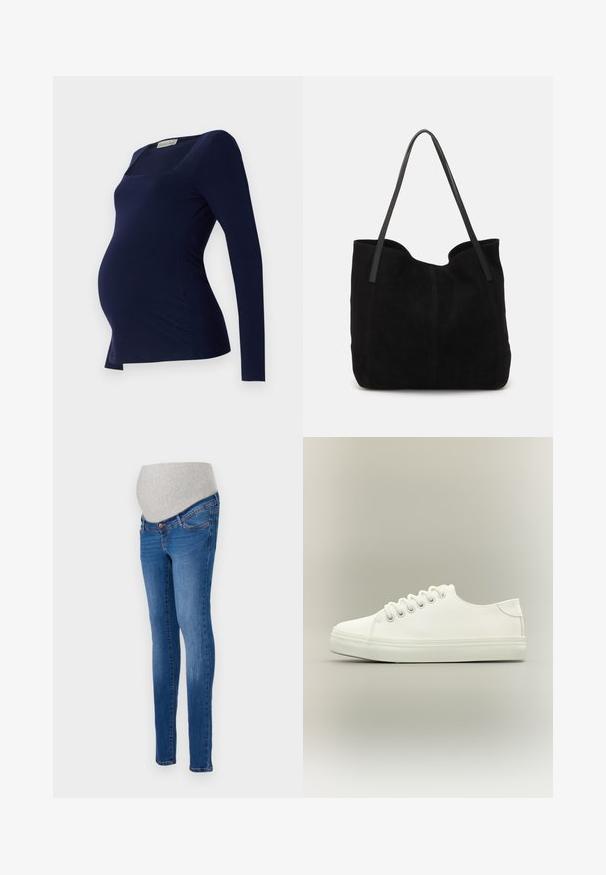 Anna Field MAMA by Zalando Camiseta de manga larga - dark blue; Jeans de maternidad en denim azul con un corte ajustado. Cuenta con un panel de estiramiento gris para mayor comodidad. Diseño clásico de cinco bolsillos con un ligero desvanecimiento.; Zapatilla blanca baja con cordones blancos y suela de goma mostrada desde vista lateral sobre un fondo neutro.; Bolso de mano de ante negro con dos correas de cuero largas y planas. Presenta un borde superior curvado y costuras visibles en la parte frontal. Sin acentos de metal.