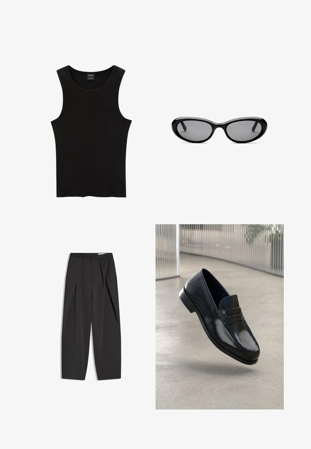 Čierny rebrovaný top bez rukávov s okrúhlym výstrihom a širokými otvormi na rukávy, vyrobený z mäkkej, elastickej látky. Značka: Pull&Bear.; Čierne vysoký pás elegantné nohavice s záhybmi, pútkami na opasok a rovnými nohavicami, zobrazené na bielom pozadí.; Čierne kožené mokasíny s hladkým povrchom, zaoblenou špičkou, dekoratívnym prešitím a mierne zvýšenou podrážkou.; Čierne oválne slnečné okuliare s tmavými tónovanými sklami a hrubými lesklými rámami, zobrazené spre predok na bielom pozadí.