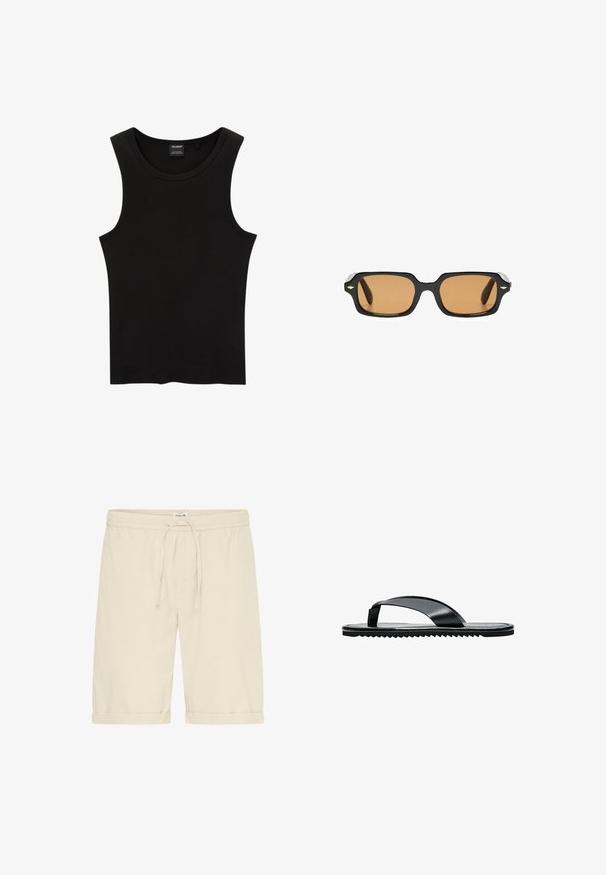 Débardeur noir à côtes avec un col rond et de larges emmanchures, fabriqué à partir d'un tissu doux et extensible. Étiquette : Pull&Bear.; Short beige en coton avec taille élastique et cordon de serrage. Ourlets retournés et texture lisse, présentant des détails de design minimalistes.; Sandale tongs plates noires avec une large bride d’orteil et une semelle texturée, vue de profil sur fond blanc.; Lunettes de soleil rectangulaires noires avec des verres teintés ambre et de petits accents métalliques en forme de diamant sur les coins avant de la monture.