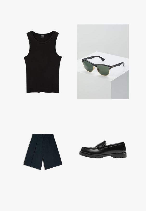 Débardeur noir à côtes avec un col rond et de larges emmanchures, fabriqué à partir d'un tissu doux et extensible. Étiquette : Pull&Bear.; Shorts noirs longueur genou avec passants de ceinture, plis sur le devant et une fermeture avant cachée, présentés sur un fond blanc.; Mocassin en cuir noir avec une semelle en caoutchouc épaisse et un détail classique de bride à monnaie, vu de côté extérieur.; Lunettes de soleil Ray-Ban avec des verres verts, monture en plastique noir et accents dorés sur les bords. Forme carrée avec une finition mate.