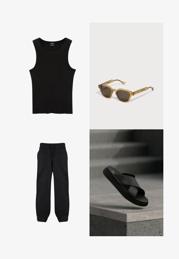 Čierny rebrovaný top bez rukávov s okrúhlym výstrihom a širokými otvormi na rukávy, vyrobený z mäkkej, elastickej látky. Značka: Pull&Bear.; Čierne tepláky s elastickým pásom, šnúrkou a bočnými vreckami. Vyrobené z mäkkej tkaniny s voľným strihom a zakončením na členkoch.; Čierna kožená sandála s prekríženými remienkami a logom stromu vznášajúca sa nad betónovým povrchom s rozmazanými schodmi v pozadí.; Slnko-žlté slnečné okuliare s geometrickým tvarom, tmavé šošovky, hrubé priehľadné rámy a vyrazené logo na ramenách.