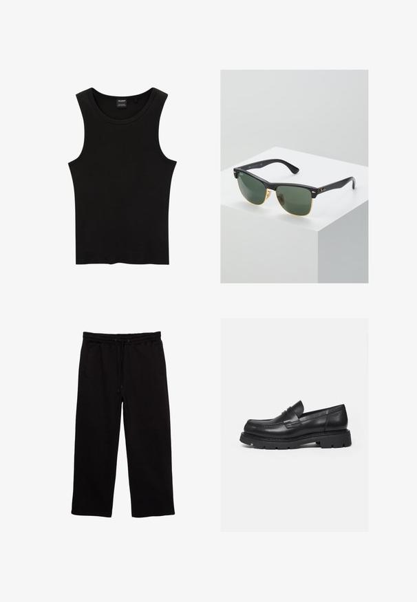 Sort ribbet tanktop med rund halsudskæring og brede ærmegab, lavet af en blød, strækbar stof. Mærke: Pull&Bear.; Sorte sweatpants lavet af blødt stof, med elastisk talje med snøre, to sidelommer og en afslappet pasform.; Sort læderloafer med tyk rillede sål og penny-remdetalje, vist i højre sideprofil på hvid baggrund.; Ray-Ban solbriller med grønne linser, sorte plastikstel og gyldne detaljer ved kanterne. Firkantet form med mat finish.