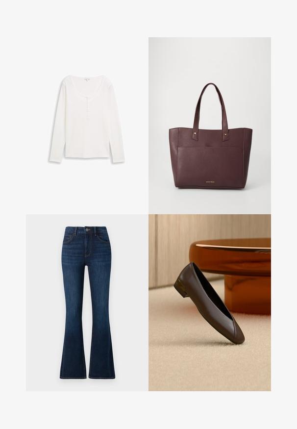 Hvid ribbet langærmet top med rund halsudskæring og en delvis knaplukning. Blød tekstur, tætsiddende design og minimalistisk stil.; TOM TAILOR STELLA darkblue; Mørkebrun læder flad sko med lav hæl og gulddetalje, placeret på beige tæppe nær et rundt bord i ravfarve.; Burgunderfarvet syntetisk tote taske med to håndtag, flad design, guldfarvede hardware detaljer og en frontlomme. Logoet placeret i bunden.