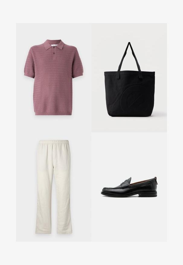 Polo à manches courtes en mauve avec un motif zigzag texturé, col pointu et deux boutons sur le patte de boutonnage. En maille douce.; Pantalons en lin léger beige avec taille élastique, coupe droite, et sans poches ni fermetures visibles.; Mocassin homme en cuir noir avec couture moc toe, bride penny, col texturé et petit talon empilé sur fond blanc.; Sac fourre-tout en toile noire avec deux bandoulières et un motif circulaire discret en relief sur le devant.
