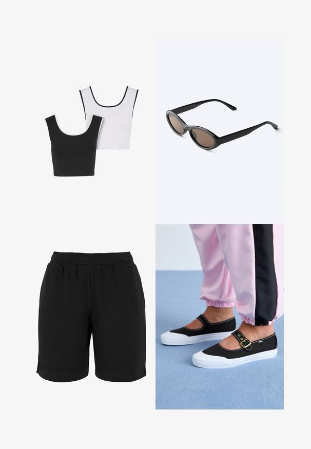Dos tops cortos sin costuras, uno negro y uno blanco, ambos con un escote en forma de barco y un ribete contrastante en negro y blanco, respectivamente.; Pantalones cortos de algodón negros con una cinturilla elástica, que presentan una textura suave y un corte sencillo. No hay bolsillos ni adornos visibles.; Zapatillas de lona negras con suela blanca, con un diseño recortado y una correa con hebilla dorada. Combinadas con pantalones de chándal rosas.; Gafas de sol negras con montura ovalada y lentes tintadas oscuras, mostradas en un ángulo ligero sobre una superficie blanca.
