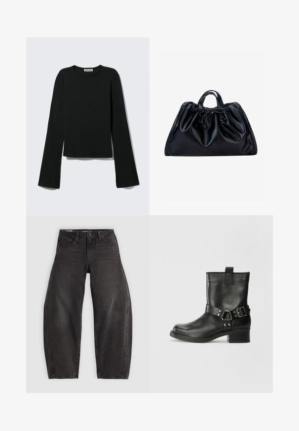 Sort langærmet rundhalset skjorte med en figursyet silhuet og let udvidede ærmer, mærket med "Weekday" brandetiketten ved halsudskæringen.; Sorte denim jeans med en afslappet pasform, der har fem lommer, knaplukning og subtil fading. Stoffet har en glat, robust tekstur.; Samsøe Samsøe SABRENTA - Cowboy- / bikerstøvlette - black; Sort lædertaske med rynket top, korte dobbelthåndtag og snørebåndslukning foran i midten mod en hvid baggrund.