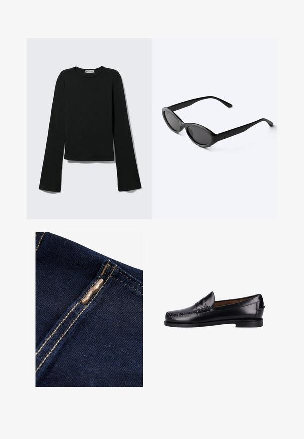 Camiseta negra de manga larga con cuello redondo, silueta ajustada y mangas ligeramente acampanadas, etiquetada con la marca "Weekday" en el cuello.; Next REGULAR FIT - WIDE LEG - Vaqueros a campana - rinse blue; Mocasines de cuero negro con un acabado suave, puntera redondeada, costura decorativa y un tacón bajo. El diseño es minimalista sin herrajes visibles.; Gafas de sol ovaladas negras y elegantes con lentes oscuras y patillas rectas, reposando sobre una superficie blanca.