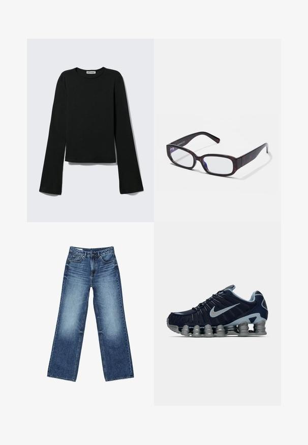 Sort langærmet rundhalset skjorte med en figursyet silhuet og let udvidede ærmer, mærket med "Weekday" brandetiketten ved halsudskæringen.; Blå vidtsiddende jeans i denim med forlommer og møntlomme foran, knaplukning og falmet vask på lår og knæ.; Mørkeblå og sølv atletiske sko med segmenteret polstret sål og sølv Nike swoosh på siden, vist i højre profil på hvid baggrund.; Brune skildpadde-rektangulære briller med klare linser og slanke arme, der viser en glat tekstur og minimalistisk design.
