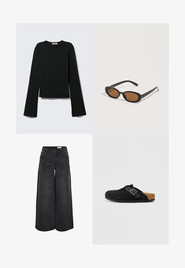 Camiseta negra de manga larga con cuello redondo, silueta ajustada y mangas ligeramente acampanadas, etiquetada con la marca "Weekday" en el cuello.; Pantalones de mezclilla negros de pierna ancha con una cintura alta, bolsillos frontales y una textura sutil; diseñados para un ajuste relajado.; Zuecos de ante negro sin cordones con correa ajustable de hebilla negra y plantilla de corcho contorneada sobre un fondo blanco liso.; Gafas de sol con lentes ovaladas marrones, montura de plástico negro y varillas delgadas. Textura suave con un diseño minimalista.