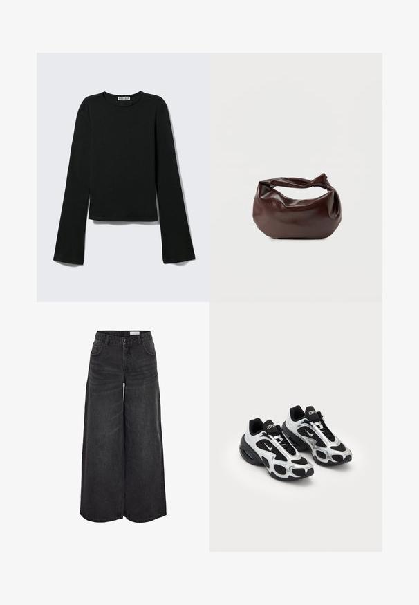 Camiseta negra de manga larga con cuello redondo, silueta ajustada y mangas ligeramente acampanadas, etiquetada con la marca "Weekday" en el cuello.; Pantalones de mezclilla negros de pierna ancha con una cintura alta, bolsillos frontales y una textura sutil; diseñados para un ajuste relajado.; Zapatos deportivos negros y plateados con parte superior de malla y sintético, que presentan un diseño ondulante distintivo y un collar acolchado, con amortiguación de aire en la suela.; Bolso de hombro de cuero marrón oscuro con una forma suave y caída, y un asa con nudo torcido sobre un fondo blanco liso.
