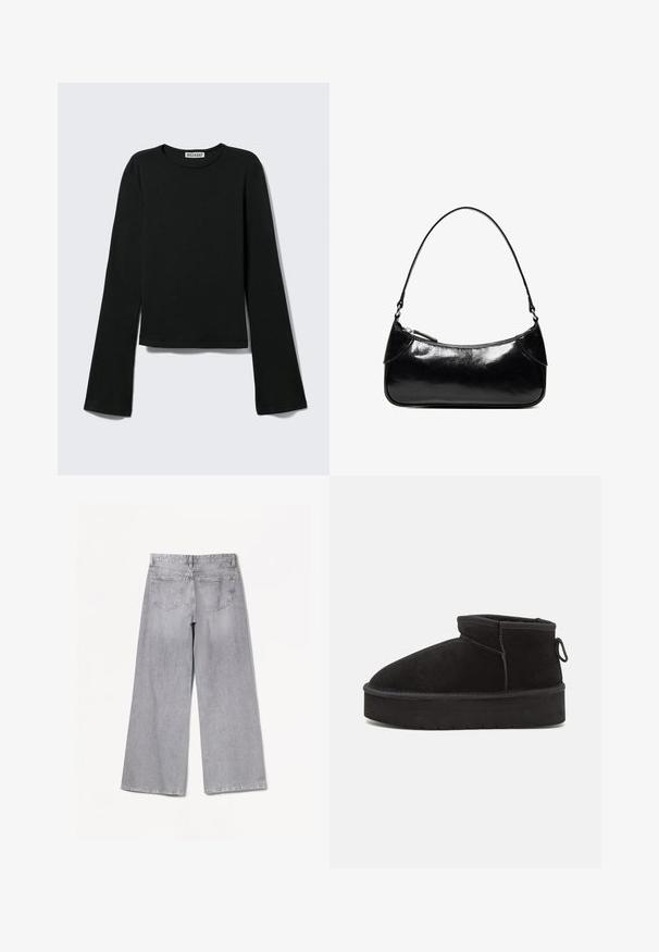 Sort langærmet rundhalset skjorte med en figursyet silhuet og let udvidede ærmer, mærket med "Weekday" brandetiketten ved halsudskæringen.; Grå brede jeans med høj talje, der har en glat tekstur, to baglommer og subtile syninger.; Sorte ruskinds ankelstøvler med en rund tå, der har en forhøjet sål og en sidesløjfe for nem påtagning. Designet er enkelt med minimale detaljer.; Sort, blank skuldertaske i læder med et enkelt rum med lynlås og en tynd rem buet i en bueform.