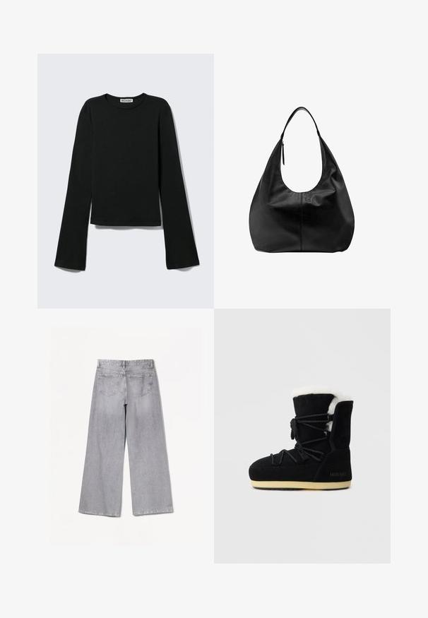 T-shirt noir à manches longues avec col rond, silhouette ajustée et manches légèrement évasées, étiqueté avec la marque "Weekday" au niveau de l'encolure.; Jean large gris à taille haute, avec une texture lisse, deux poches arrière et des détails de couture subtils.; Botte en suede noire avec une doublure en fourrure blanche, présentant un laçage à l'avant, un support de cheville rembourré et une semelle en caoutchouc pour l'adhérence.; Sac à main hobo décontracté en cuir noir avec une seule bandoulière large et un détail de tirette de fermeture éclair sur fond blanc uni.
