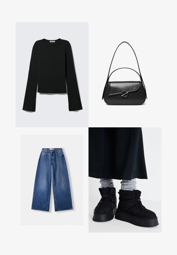 Sort langærmet rundhalset skjorte med en figursyet silhuet og let udvidede ærmer, mærket med "Weekday" brandetiketten ved halsudskæringen.; Bredbenet blå denimjeans med forlommer, bæltestropper og knaplukning, lagt fladt på en lys baggrund.; Sorte, puffede ankelstøvler med flade såler, snørebånd og fremtrædende stikninger. Bæret med grå ribbede sokker, der stikker frem, sammen med en mørk nederdel.; Sort skuldertaske i læder med en buet klap, der er fastgjort med en rund metal spænde, og en slank, justerbar rem.