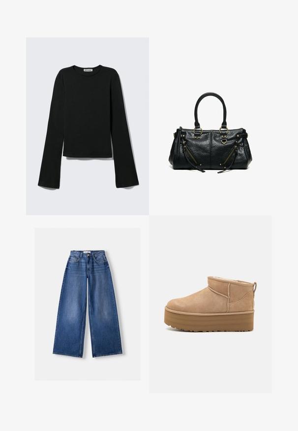 Sort langærmet rundhalset skjorte med en figursyet silhuet og let udvidede ærmer, mærket med "Weekday" brandetiketten ved halsudskæringen.; Bredbenet blå denimjeans med forlommer, bæltestropper og knaplukning, lagt fladt på en lys baggrund.; Beige ruskinds ankelstøvler med et blødt indre, der har en platformssål og en strop bagpå for nem påtagning. Tekstureret gummisål.; Sort læderhåndtaske med to håndtag, to skrå lynlåslommer med frynser samt guldfarvede metalringe og nitter.