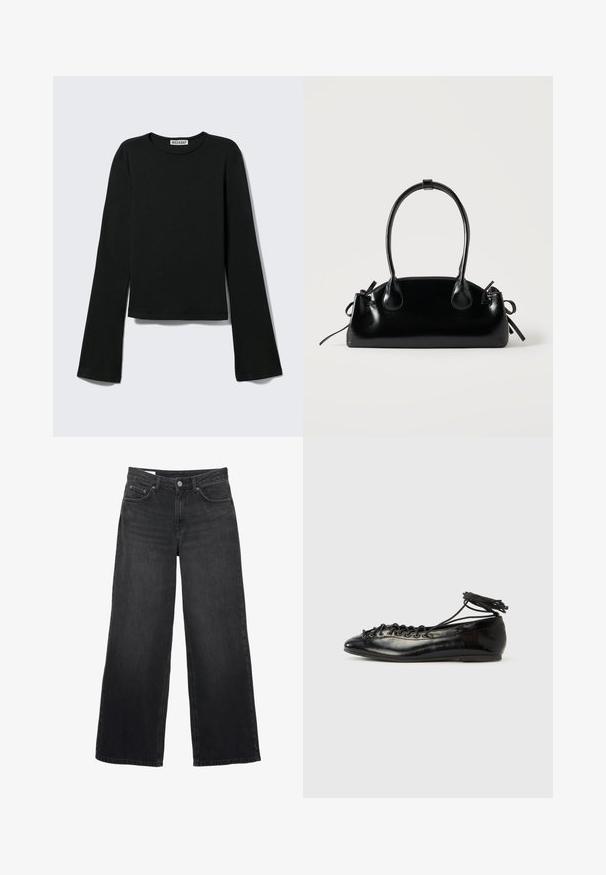 T-shirt noir à manches longues avec col rond, silhouette ajustée et manches légèrement évasées, étiqueté avec la marque "Weekday" au niveau de l'encolure.; Jean noir à jambes larges avec taille haute, fermeture à boutons et fermeture éclair à l'avant, passants pour ceinture et conception à cinq poches.; Ballerines en cuir verni noir avec un bout rond, un design à lacets et une semelle plate. Texture lisse avec peu de détails.; Petit sac à main noir brillant avec deux longues anses et des détails à cordon sur les côtés sur un fond clair uni.