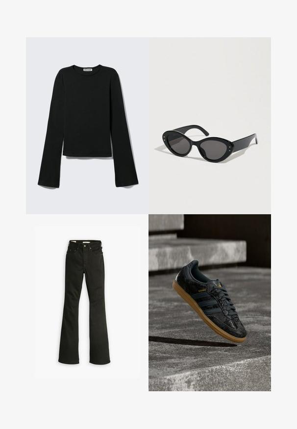 Schwarzes Langarmshirt mit Rundhalsausschnitt, figurbetonter Silhouette und leicht ausgestellten Ärmeln, gekennzeichnet mit einem "Weekday" Markenetikett im Nacken.; Schwarze Schlagjeans aus Denim. Verfügt über ein klassisches Fünf-Taschen-Design mit Reißverschluss, robuster Naht und sauberem Saum.; Schwarzer Adidas Samba Sneaker mit strukturiertem Muster, Gummisohle und goldenem Logo, in der Luft über Betontreppen schwebend.; Schwarze Sonnenbrille mit übergroßer Cat-Eye-Form. Glatte Kunststofffassung mit dunklen Gläsern und kleinen Sternakzenten an den Seiten.