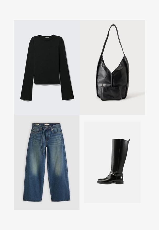 Camiseta negra de manga larga con cuello redondo, silueta ajustada y mangas ligeramente acampanadas, etiquetada con la marca "Weekday" en el cuello.; Jeans de mezclilla de pierna ancha en azul oscuro con un diseño desgastado, que presentan una cinturilla con cordón y un estilo de cinco bolsillos.; Botas negras hasta la rodilla hechas de cuero brillante, con un detalle de hebilla plateada en el tobillo y un diseño de punta redondeada. Suela plana.; Bolso de hombro de cuero negro con una sola correa y un pequeño monedero a juego adjunto al frente, sobre un fondo liso.