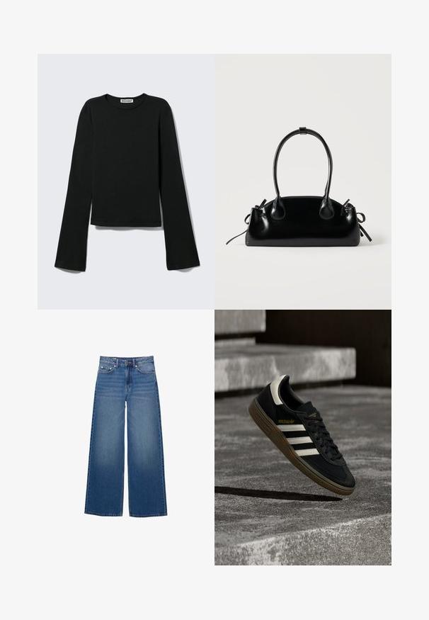 Sort langærmet rundhalset skjorte med en figursyet silhuet og let udvidede ærmer, mærket med "Weekday" brandetiketten ved halsudskæringen.; Vidde-ben denimjeans i en mellemblå vask, med høj talje, fem-lomme design og syningsdetaljer langs sømmene.; Sort Adidas-sneaker med hvide striber og gummisåler, svævende over grå betontrapper i naturligt lys.; Lille sort blank håndtaske med to lange håndtag og snøre-detaljer i siden på en ensfarvet lys baggrund.
