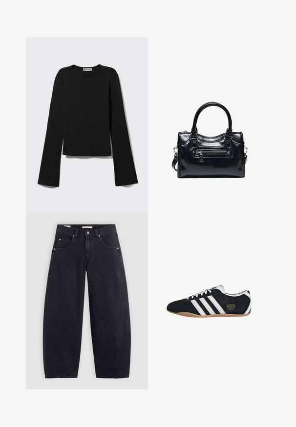 T-shirt noir à manches longues avec col rond, silhouette ajustée et manches légèrement évasées, étiqueté avec la marque "Weekday" au niveau de l'encolure.; Jean large en denim noir à taille haute, avec deux poches avant et des accessoires en argent. Texture lisse, détails de couture minimaux et coupe droite.; Sneakers en suede noir avec trois bandes blanches, logo doré et semelle en caoutchouc marron. Présente un design à lacets à profil bas.; Sac à main en cuir noir brillant avec deux poignées, poche avant zippée et bandoulière amovible sur fond blanc.