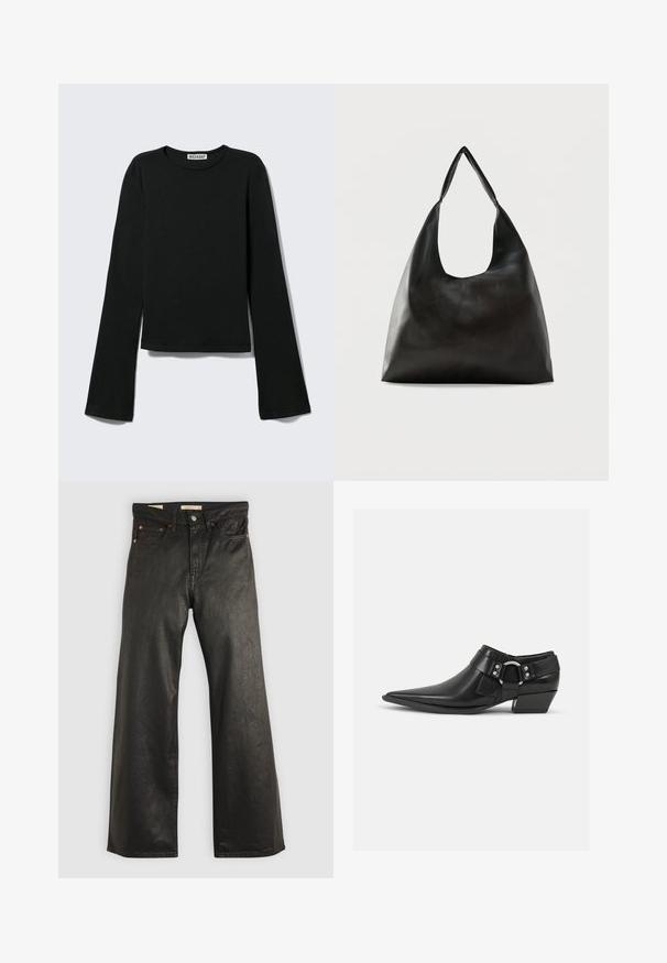 Camiseta negra de manga larga con cuello redondo, silueta ajustada y mangas ligeramente acampanadas, etiquetada con la marca "Weekday" en el cuello.; Pantalones de mezclilla anchos negros con una textura suave, que presentan cinco bolsillos y detalles en metal color cobre. Cierre clásico con botón.; Botas de cuero negras hasta el tobillo con puntera puntiaguda, que presentan una correa de cuero en la parte delantera y un detalle de hebilla plateada, además de un tacón bajo y cuadrado.; Bolso de hombro de cuero negro liso con una correa ancha y única y un diseño desenfadado y minimalista sobre un fondo sencillo.
