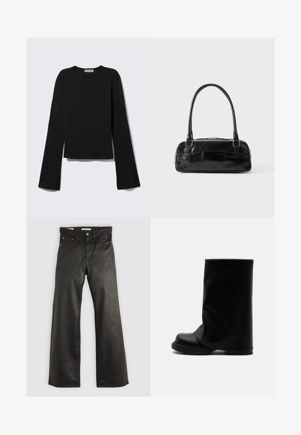 Camiseta negra de manga larga con cuello redondo, silueta ajustada y mangas ligeramente acampanadas, etiquetada con la marca "Weekday" en el cuello.; Pantalones de mezclilla anchos negros con una textura suave, que presentan cinco bolsillos y detalles en metal color cobre. Cierre clásico con botón.; Bota alta negra de cuero con un caño superior ancho y suelto y una suela gruesa y redondeada sobre fondo blanco.; Bolso de mano de cuero negro con forma rectangular, equipado con un asa estructurada, herrajes en plata y cierre de cremallera. Textura suave.