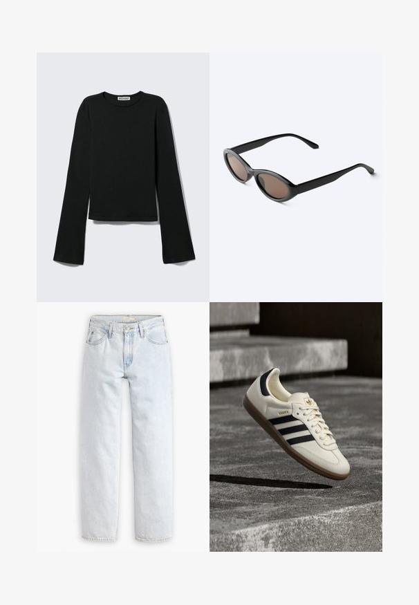 Sort langærmet rundhalset skjorte med en figursyet silhuet og let udvidede ærmer, mærket med "Weekday" brandetiketten ved halsudskæringen.; Lyseblå, lige ben denim jeans med høj talje, der har fem lommer, en frontknaplukning og synlige syninger.; Hvid Adidas Samba sneaker med sorte striber og gummsål, svævende over teksturerede grå betonstrin.; Sorte solbriller med oval ramme og mørke tonede linser, vist i en let vinkel på en hvid overflade.