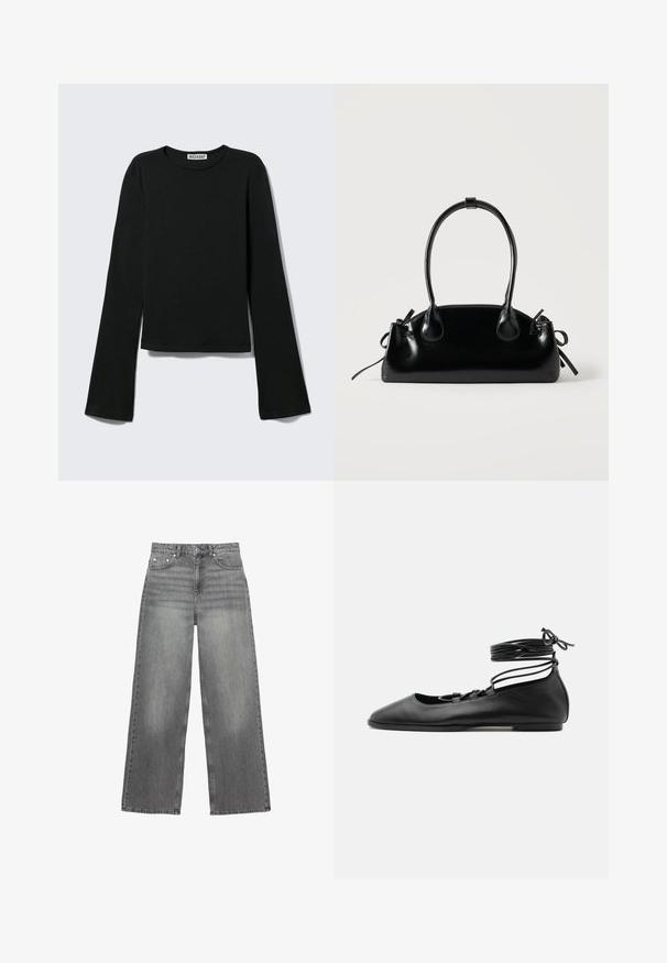 T-shirt noir à manches longues avec col rond, silhouette ajustée et manches légèrement évasées, étiqueté avec la marque "Weekday" au niveau de l'encolure.; Jean large gris en denim, avec une taille mi-haute, cinq poches et une légère décoloration sur les jambes.; Chaussure de ballet plate en cuir noir avec un bout pointu, plusieurs fines brides sur le dessus et des lacets enroulés autour de la cheville.; Petit sac à main noir brillant avec deux longues anses et des détails à cordon sur les côtés sur un fond clair uni.